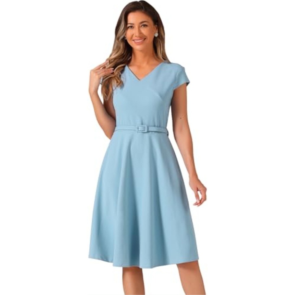 Allegra K Vintage Inspired Belted V Neck Cap Sleeve Fit Flare Dress XL NWT